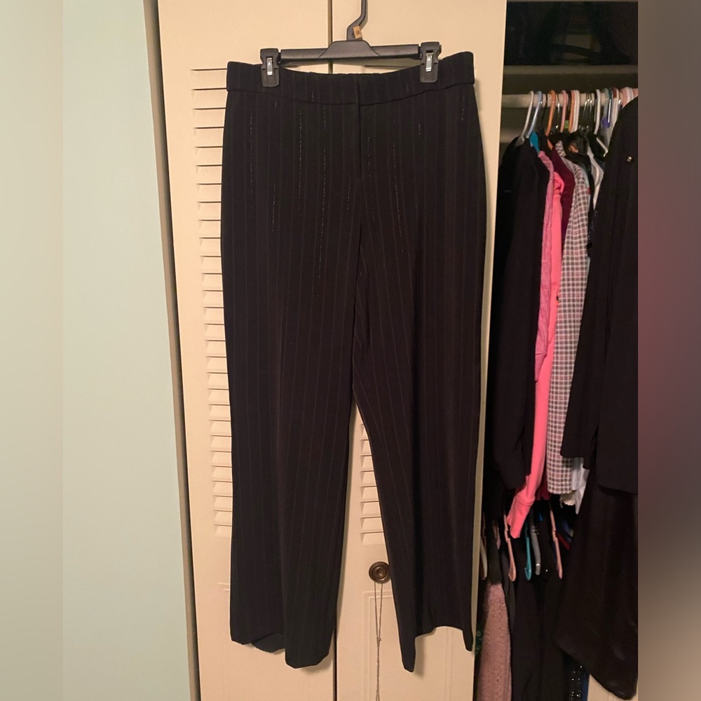 Size 12 tall pants. Black with silver and gray pinstripes. Snap closure. EUC